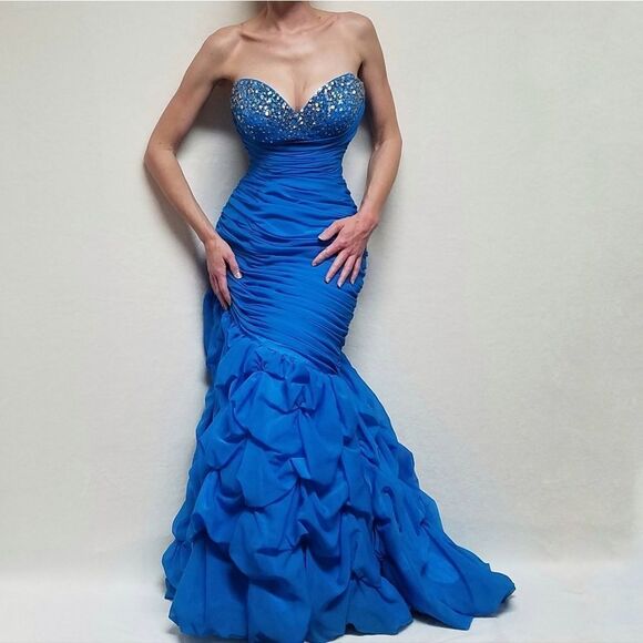 JOLI Prom Blues Ruched Sequin Beaded Bubble Hem Strapless Formal Maxi Dress 12 - Picture 2 of 16